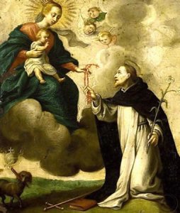 sv. Dominik Guzmán přijímá růženec od Panny Marie